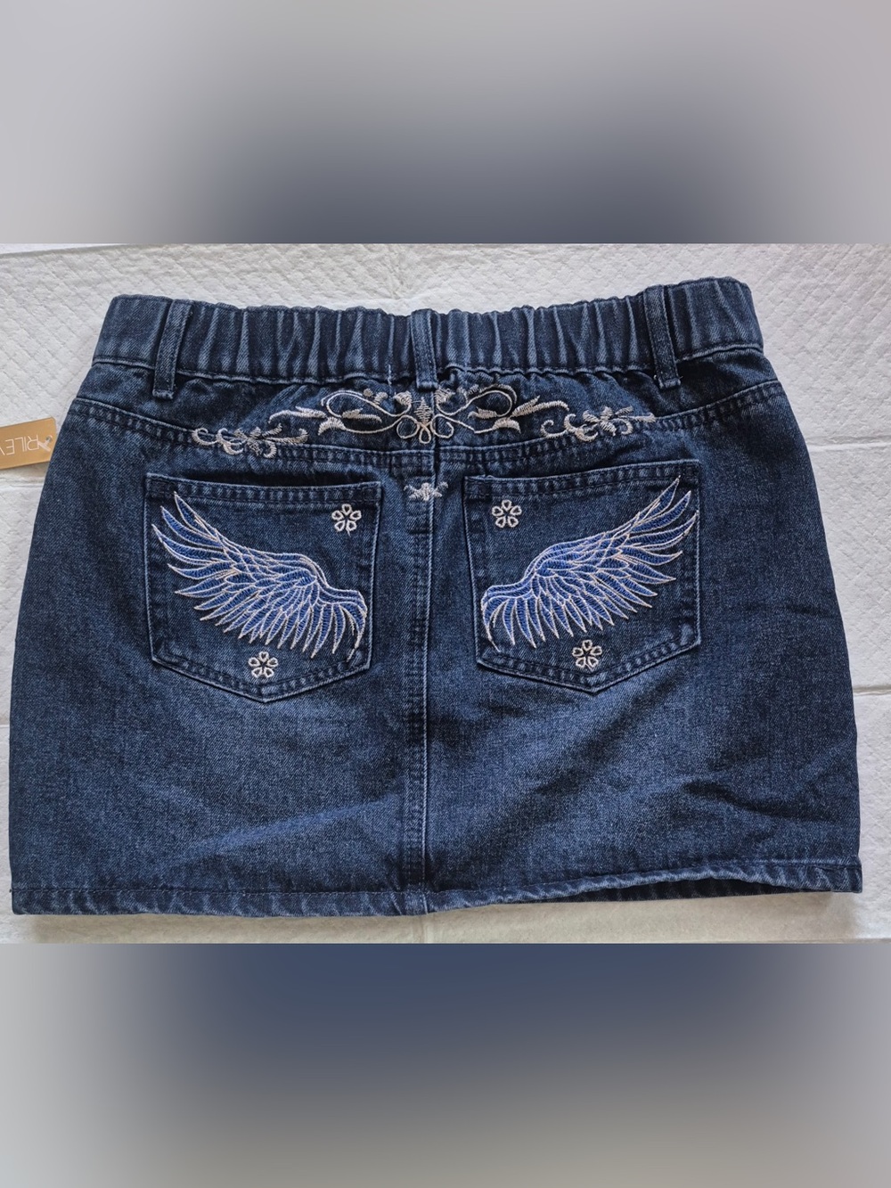 Embroidered Wing Dark Blue Denim Mini Skirt